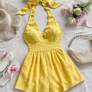 Yellow Boho Women's Textured swiss dot Mini Bodycon romper Beach